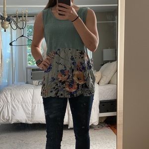 Light Green Waffle Knit Floral Tank/Blouse M
